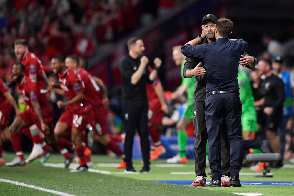 Liverpool manager Jurgen Klopp and Tottenham Hotspur manager Mauricio Pochettino embrace after the Uefa Champions League final at Wanda Metropolitano in Madrid June 1, 2019. u00e2u20acu201d Reuters pic