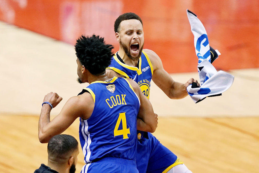 Golden State Warriors guard Quinn Cook and Stephen Curry celebrate during the fourth quarter against the Toronto Raptors in game two of the 2019 NBA Finals in Toronto June 2, 2019. — Kyle Terada-USA TODAY Sports pic via Reuters