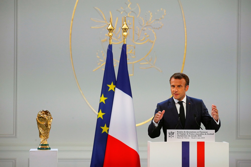  French President Emmanuel Macron delivers his speech to the French soccer team prior the Legion d'Honneur (Officer of the Legion of Honor) medal ceremony at the Elysee Palace in Paris June 4, 2019. u00e2u20acu201d Reuters pic