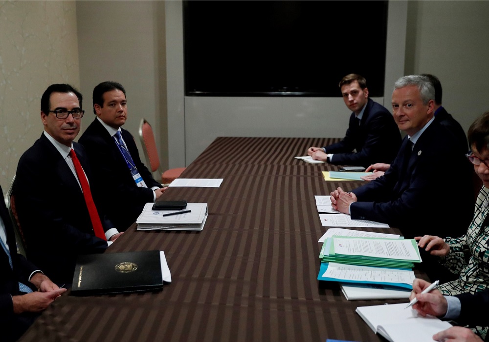 US Treasury Secretary Steven Mnuchin (left) meets French Economy and Finance Minister Bruno Le Maire on the sidelines of the G20 Finance Ministers and Central Bank Governors Meeting in Fukuoka, Japan June 8, 2019. u00e2u20acu201d Reuters pic