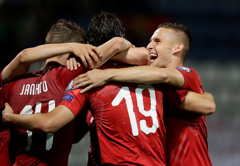 Czech Republicu00e2u20acu2122s Patrik Schick and team mates celebrate their second goal which was an own goal scored by Montenegrou00e2u20acu2122s Boris Kopitovic at the Ansruv Stadion in Olomouc June 10, 2019. u00e2u20acu201d Reuters pic 
