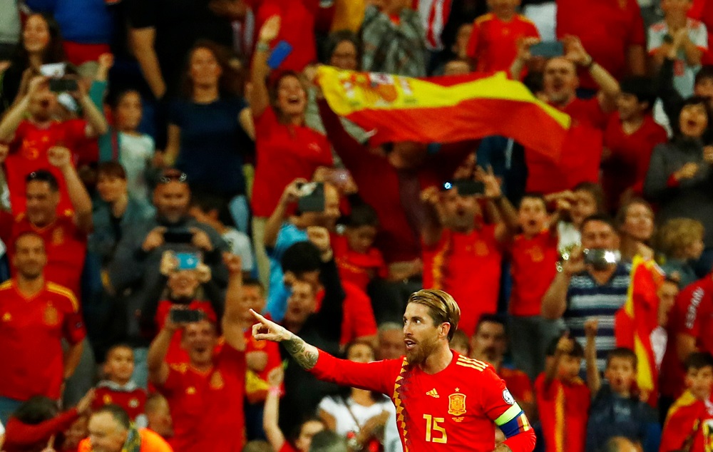 Spainu00e2u20acu2122s Sergio Ramos celebrates scoring their first goal at the Santiago Bernabeu in Madrid June 10, 2019. u00e2u20acu201d Reuters pic