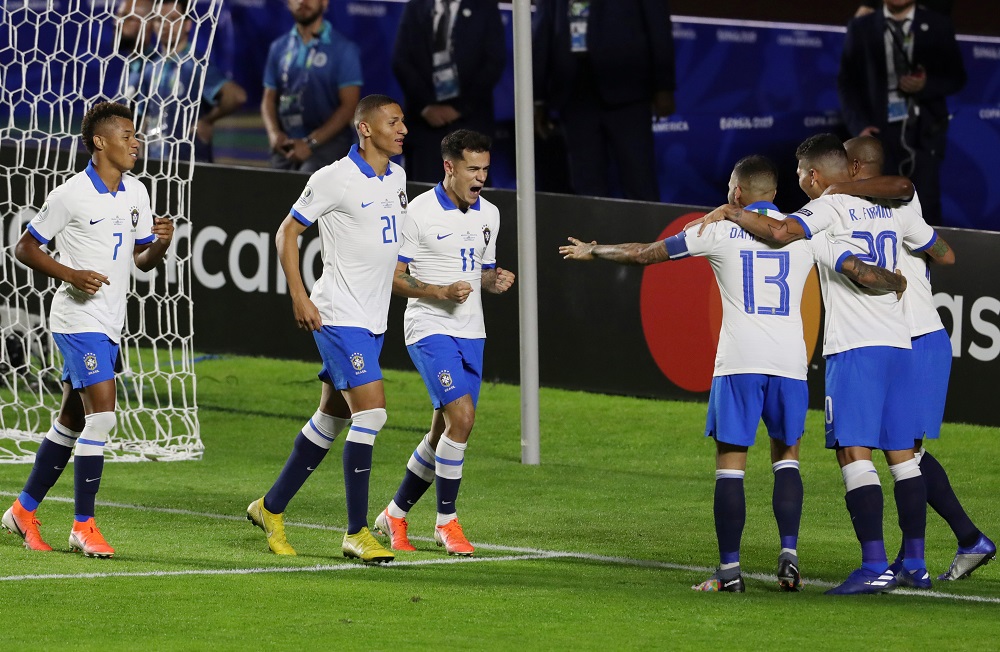 Brazilu00e2u20acu2122s Philippe Coutinho celebrates scoring their second goal with team mates at the Morumbi Stadium in Sao Paulo June 14, 2019. u00e2u20acu201d Reuters pic