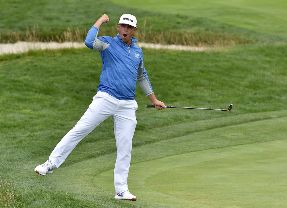 Gary Woodland celebrates after chipping in a shot for par on the 12th hole during the third round of the 2019 US Open at Pebble Beach Golf Links in Pebble Beach, California June 15, 2019. u00e2u20acu201d Orlando Ramirez-USA TODAY Sports pic via Reuters
