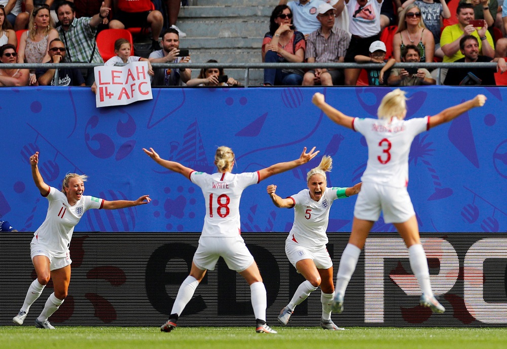 Englandu00e2u20acu2122s Steph Houghton celebrates scoring their first goal with Toni Duggan, Ellen White and Alex Greenwood at the Stade du Hainaut in Valenciennes, France June 23, 2019. u00e2u20acu201d Reuters pic