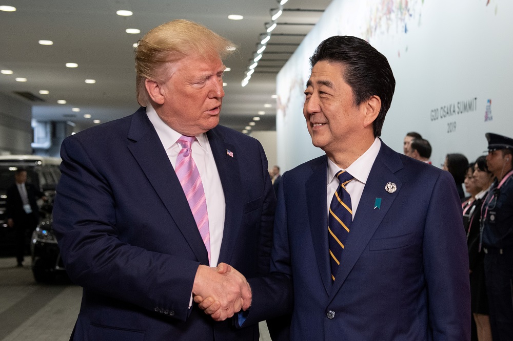 US President Donald Trump is greeted by Japanu00e2u20acu2122s Prime Minister, Shinzo Abe, as he arrives on the first day of the G20 summit June 28, 2019 in Osaka. u00e2u20acu201d Reuters pic