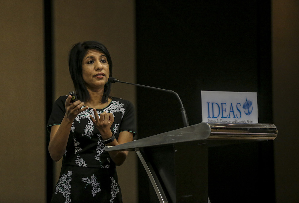 Centre to Combat Corruption and Cronyism executive director Cynthia Gabriel speaks during IDEAS forum ‘The Next Four Years: What Now for Malaysia?’ in Kuala Lumpur June 28, 2019. — Picture by Firdaus Latif