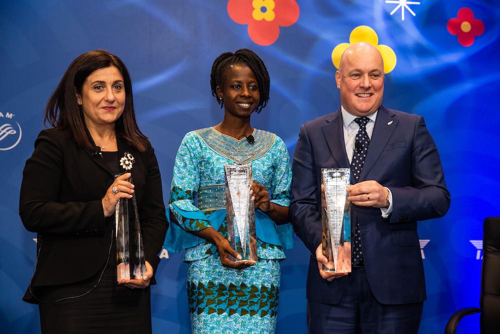 From left: Winners of the IATA Diversity & Inclusion Awards Flybe CEO Christine Ourmières-Widener, Fadimatou Noutchemo Simo and Air New Zealand CEO Christopher Luxon representing the airline. — Picture courtesy of IATA