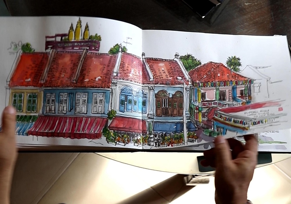 Some of Francis Theo’s work. Fellow members of the Urban Sketchers Singapore group call him a “sketching machine”, given how quickly he finishes his work. — Picture by Raj Nadarajan via TODAY