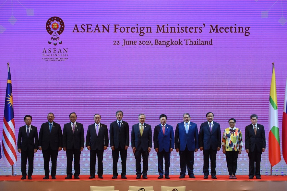 Foreign ministers of the Association of Southeast Asian Nations pose for a group photo during the Asean Foreign Ministers' meeting ahead of the summit in Bangkok on June 22, 2019. u00e2u20acu201d AFP pic