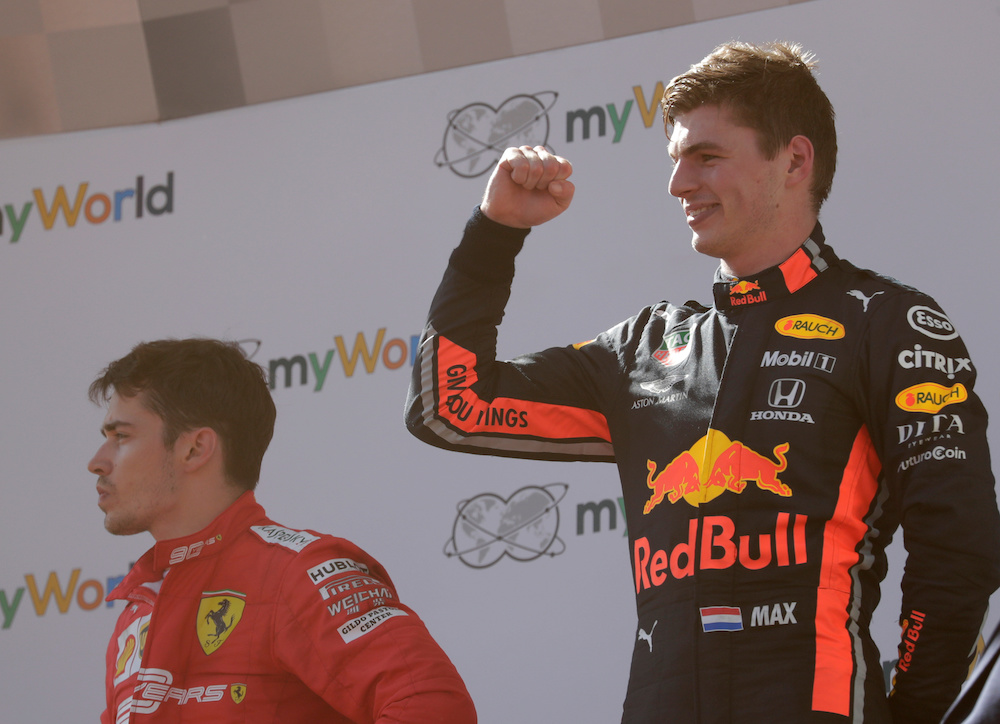 Red Bull's Max Verstappen celebrates after winning the race as second placed Ferrari's Charles Leclerc looks dejected on the podium of the Austrian Grand Prix at Spielberg, Austria June 30, 2019. u00e2u20acu201d Reuters pic
