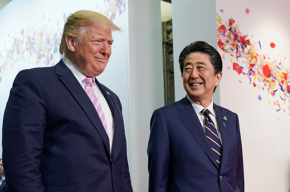 Japanese Prime Minister Shinzo Abe welcomes US President Donald Trump ahead of bilateral meeting during the G20 leaders summit in Osaka June 28, 2019. u00e2u20acu201d Reuters pic