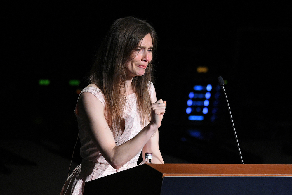 Amanda Knox, who has returned to Italy for the first time since being cleared of the murder of British student Meredith Kercher, cries as she speaks at the Criminal Justice Festival in Modena, Italy June 15, 2019. u00e2u20acu201d Reuters picnn
