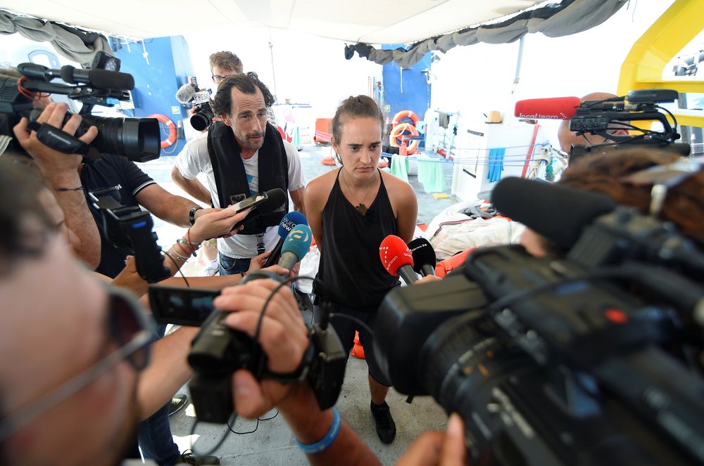 Carola Rackete, captain of rescue ship Sea-Watch 3, speaks to the media as the ship remains blocked one mile outside the port of Lampedusa, Italy, June 27, 2019. u00e2u20acu201d Reuters pic