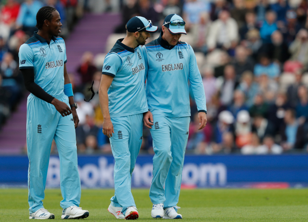 Jason Roy (right) after picking up an injury while fielding during the 2019 Cricket World Cup group stage match between England and West Indies at the Rose Bowl in Southampton, southern England, June 14, 2019. u00e2u20acu201d AFP pic 