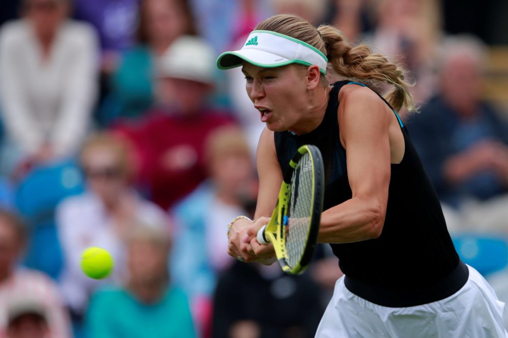 Denmark's Caroline Wozniacki in action during her first round match against Belgium's Kirsten Flipkens at the Eastbourne International tournament, June 24, 2019. u00e2u20acu2022 Reuters pic
