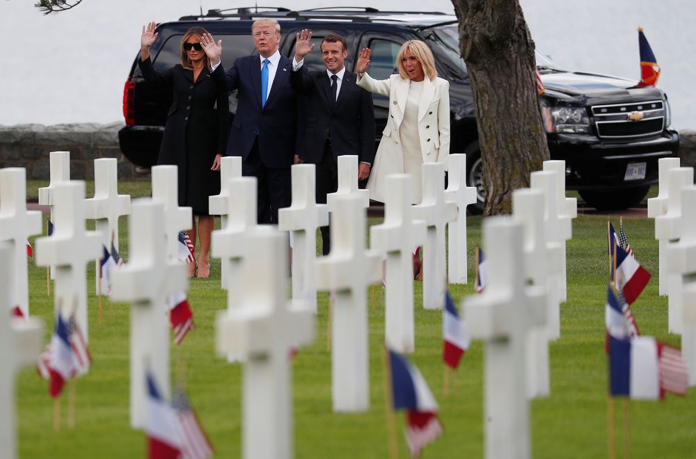 US President Donald Trump, French President Emmanuel Macron wave the audience during the French-USA Commemoration marking the 75th anniversary of the Allied landings on D-Day, in Colleville-sur-Mer, France June 6, 2019. u00e2u20acu201d Reuters pic