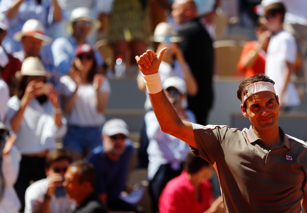 Roger Federer reacts after winning his fourth round match against Argentinau00e2u20acu2122s Leonardo Mayer June 2, 2019. u00e2u20acu201d Reuters 