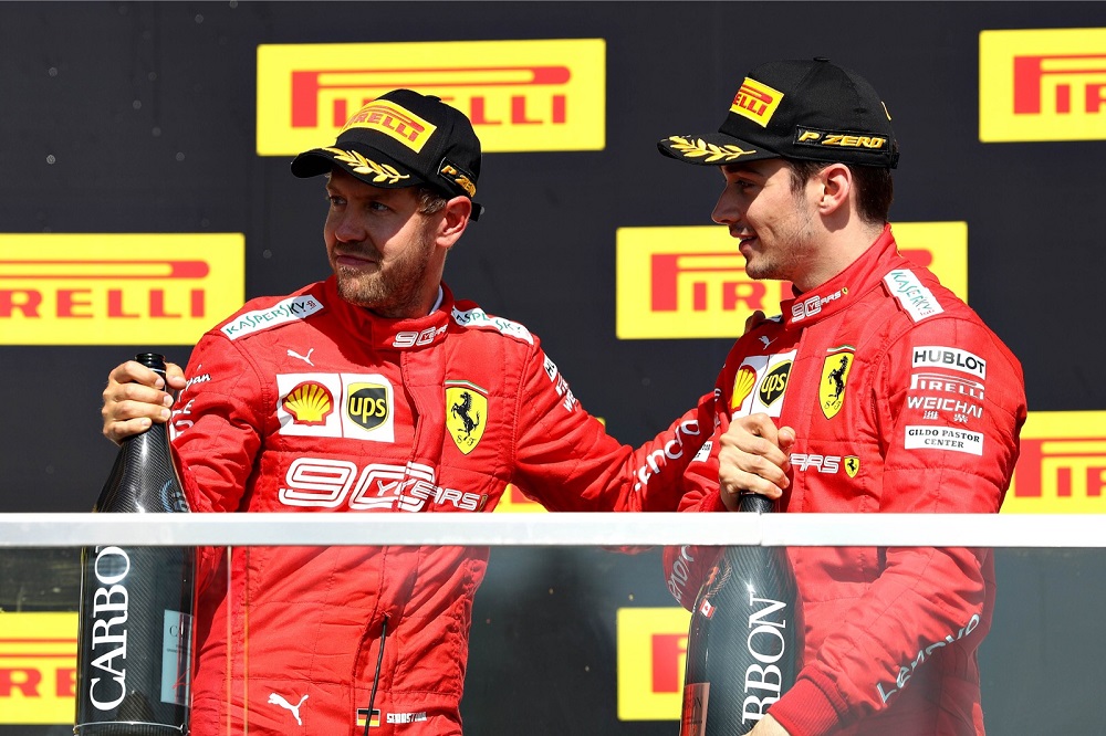 Second placed Sebastian Vettel and third placed Charles Leclerc celebrate on the podium during the F1 Grand Prix of Canada in Montreal June 9, 2019. u00e2u20acu201d AFP pic
