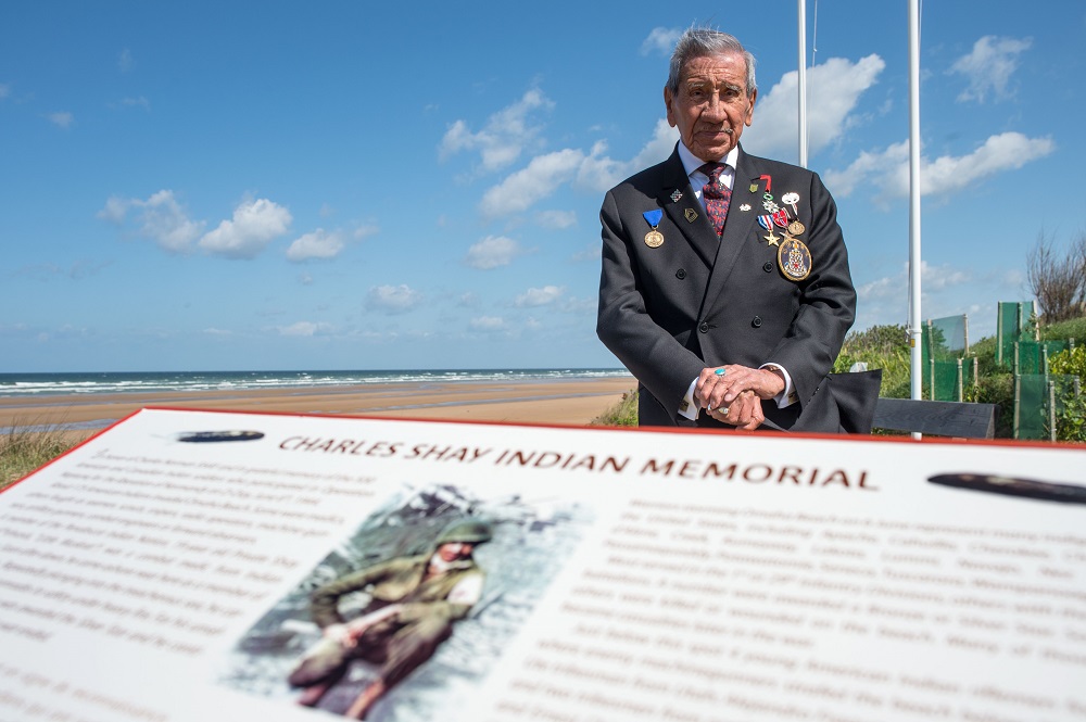 Native American World War II veteran Charles Shay, who took part in the Operation Overlord (Battle of Normandy) during the D-Day on June 6, 1944, poses at the Charles Shay Indian Memorial on May 4, 2019 in Omaha Beach, western France. u00e2u20acu201d AFP pic       