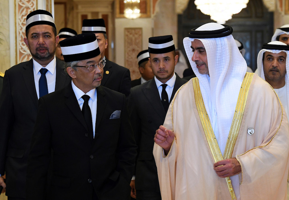 Yang di-Pertuan Agong Al-Sultan Abdullah Riu00e2u20acu2122ayatuddin Al-Mustafa Billah Shah is greeted by UAEu00e2u20acu2122s Deputy Prime Minister and Interior Minister His Highness Saif bin Zayed Al Nahyan upon arrival in Abu Dhabi June 12, 2019. u00e2u20acu201d Bernama pic