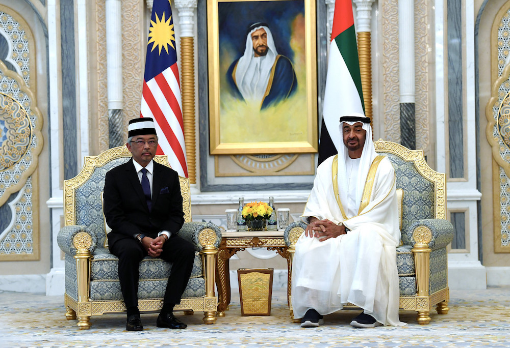 Yang di-Pertuan Agong Al-Sultan Abdullah Riu00e2u20acu2122ayatuddin Al-Mustafa Billah Shah meets Crown Prince of Abu Dhabi, His Highness Sheikh Mohamed bin Zayed Al Nahyan, in Abu Dhabi June 13, 2019. u00e2u20acu201d Bernama pic