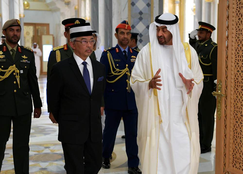 Yang di-Pertuan Agong Al-Sultan Abdullah Riu00e2u20acu2122ayatuddin Al-Mustafa Billah Shah and the Crown Prince of Abu Dhabi His Highness Sheikh Mohamed Zayed Al Nahyan at Presidential Palace in Abu Dhabi June 13, 2019. u00e2u20acu201d Bernama pic