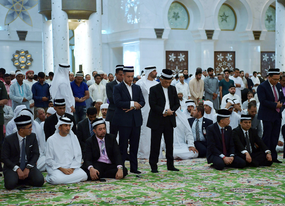 Yang di-Pertuan Agong Al-Sultan Abdullah Riu00e2u20acu2122ayatuddin Al-Mustafa Billah Shah performs Friday prayers at Sheikh Zayed Grand Mosque in Abu Dhabi June 14, 2019. u00e2u20acu201d Bernama pic