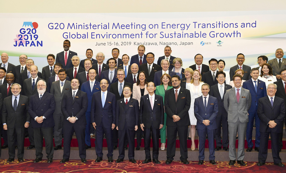 Ministers and delegates, including Japanu00e2u20acu2122s Minister of Economy, Trade and Industry Hiroshige Seko gather for a photo session at G20 energy and environment ministers meeting in Karuizawa, Japan June 15, 2019. u00e2u20acu201d Reuters pic