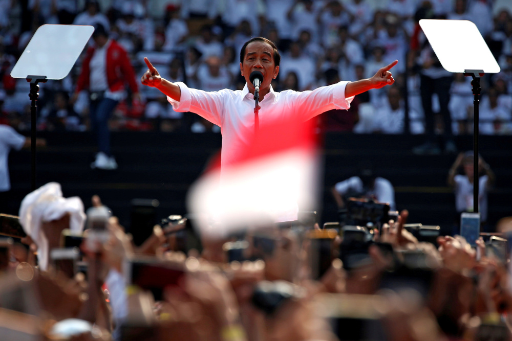 Indonesiau00e2u20acu2122s incumbent presidential candidate Joko Widodo gestures as he speaks during a campaign rally at Gelora Bung Karno stadium in Jakarta, Indonesia, April 13, 2019. u00e2u20acu201d Reuters pic