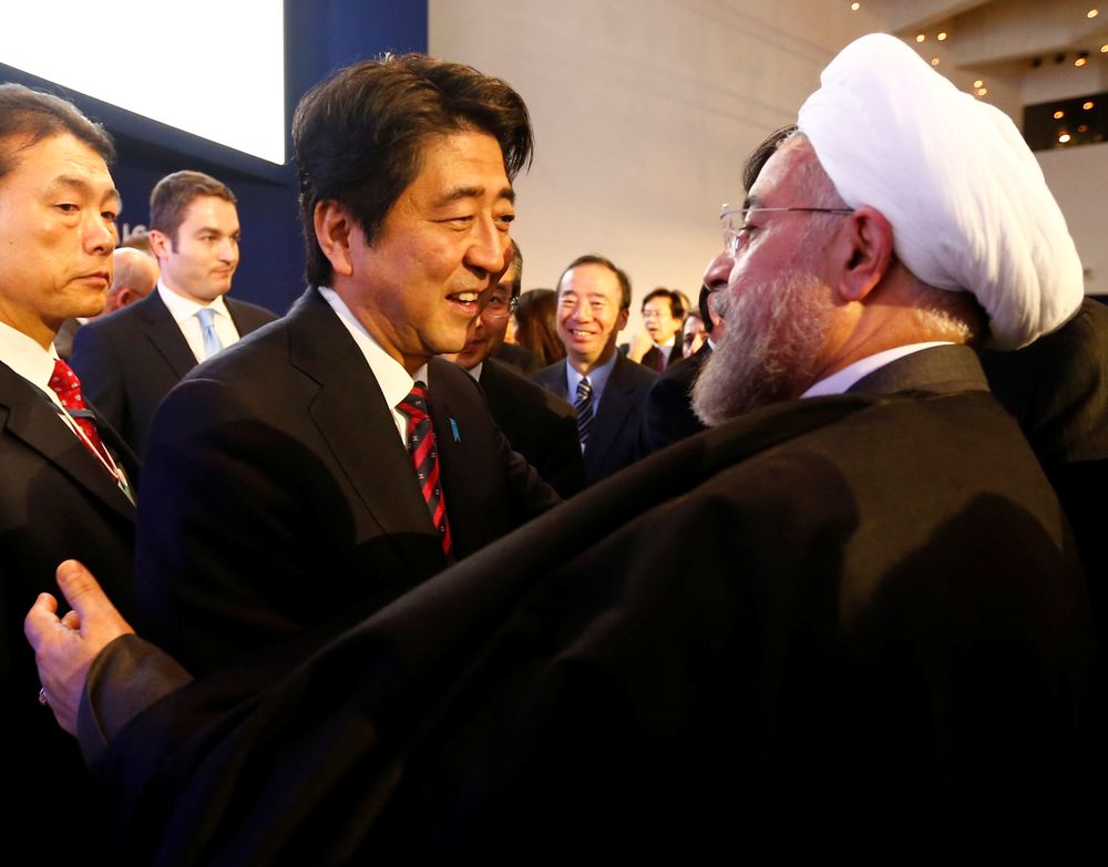 File picture shows Japanu00e2u20acu2122s Prime Minister Shinzo Abe greeting Iranu00e2u20acu2122s President Hassan Rouhani (right) during the annual meeting of the World Economic Forum (WEF) in Davos January 22, 2014. u00e2u20acu201d Reuters pic