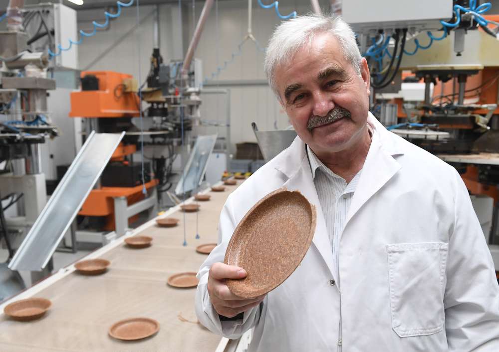 Polish inventor and entrepreneur Jerzy Wysocki holds a wheat bran plate in his factory Biotrem in Zambrow, Poland, on May 29, 2019. u00e2u20acu2022 AFP pic