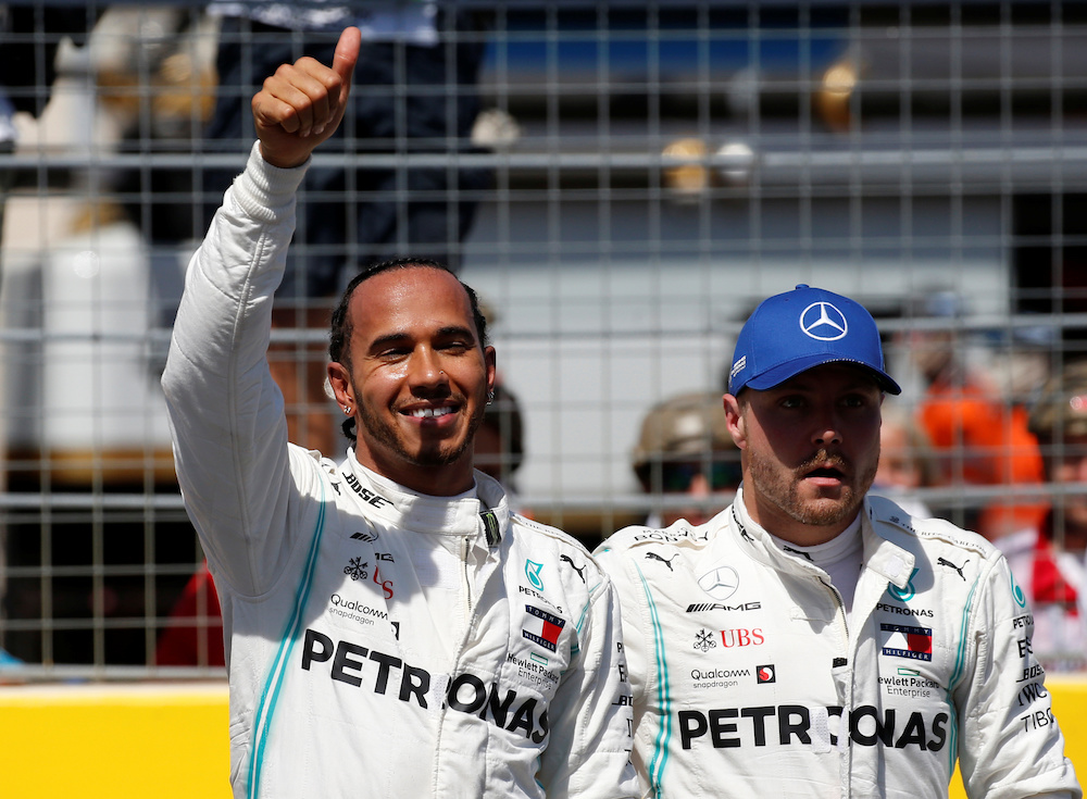 Lewis Hamilton celebrates pole after qualifying with second place Mercedesu00e2u20acu2122 Valtteri Bottas at the Circuit Paul Ricard, Le Castellet, France on June 22, 2019. u00e2u20acu201d Reuters picnn