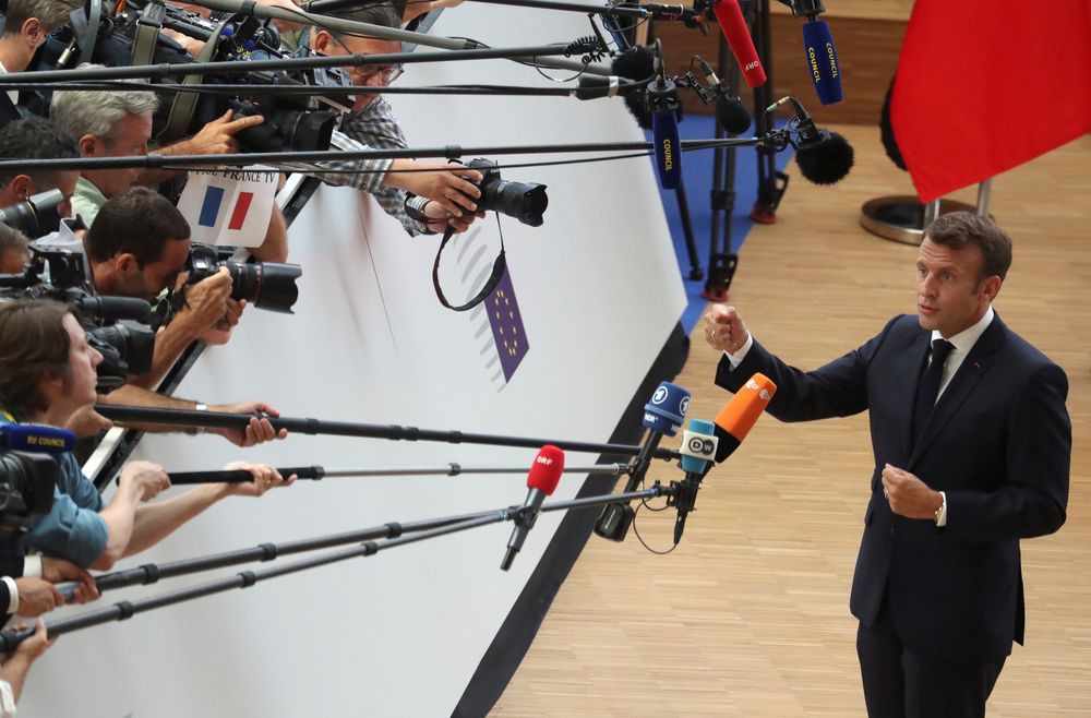 French President Emmanuel Macron talks to the media as he arrives at a European Union leaders summit that aims to select candidates for top EU institution jobs, in Brussels, Belgium June 30, 2019. u00e2u20acu201d Reuters pic