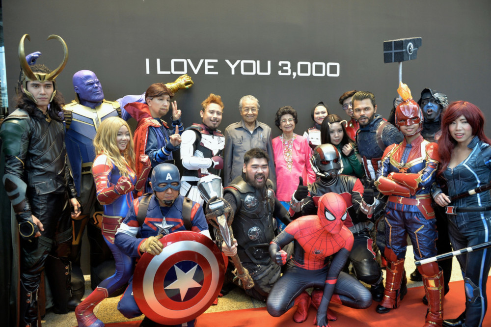 Tun Dr Mahathir Mohamad (centre) poses for a picture with cosplayers during the launch of ‘Marvel Studios: Ten Years of Heroes’ exhibition at Pavilion, Kuala Lumpur June 27, 2019. — Bernama pic 