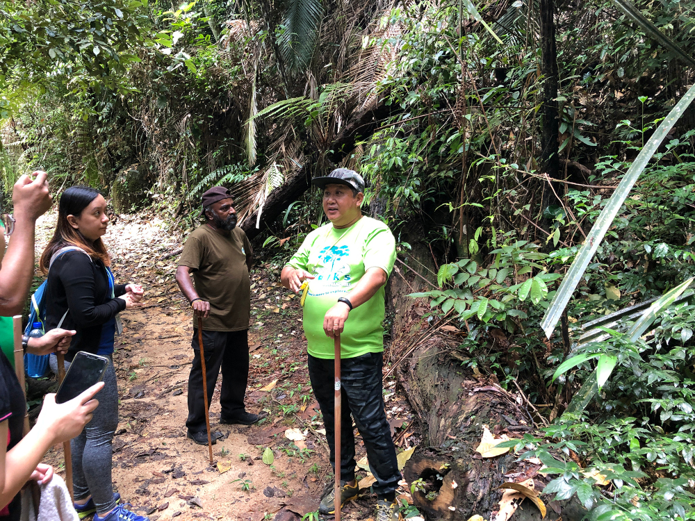 Nature guides M. Arunasalam and KP Ong (right) lead a group of visitors along Moniot Road. — Picture by KE Ooi