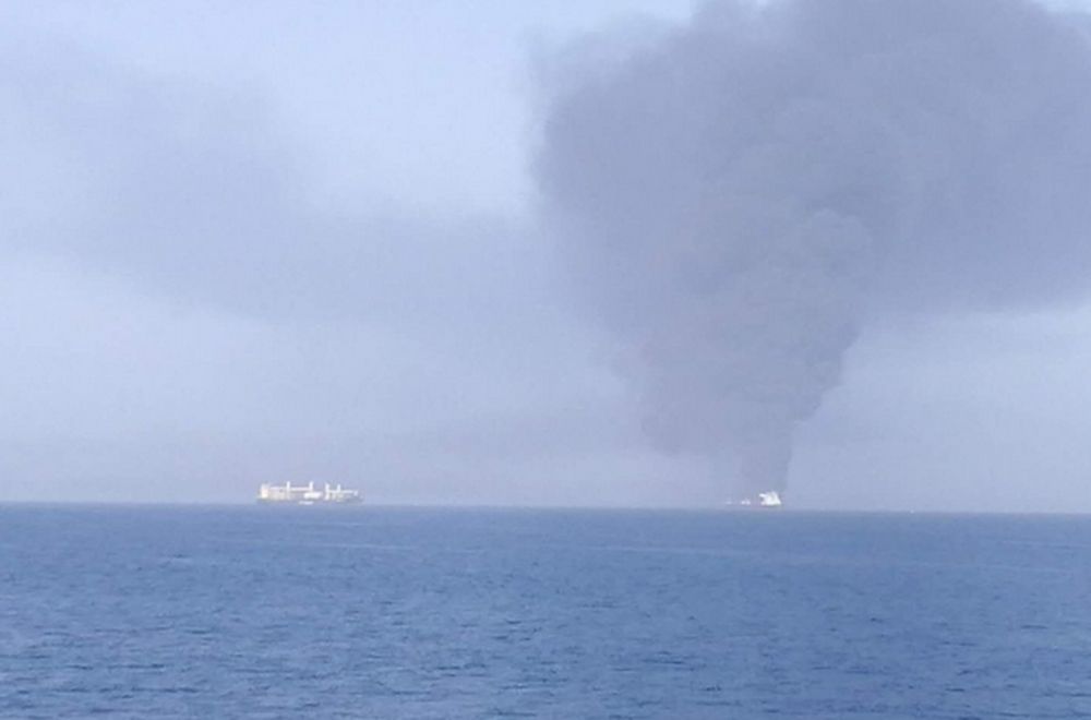 The loaded tanker MT Front Altair is pictured on fire and adrift in the Gulf of Oman, June 13, 2019. u00e2u20acu201d Picture courtesy of Twitter/front altair