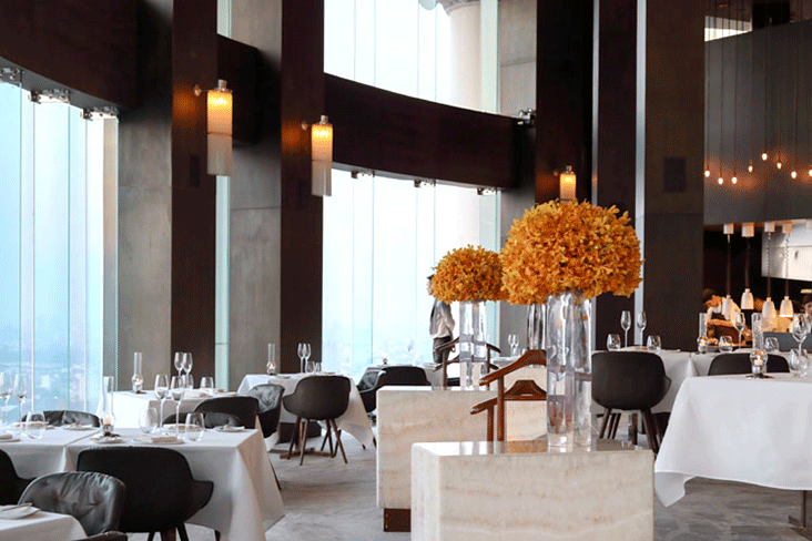 Mezzaluna’s warm and classy dining room.