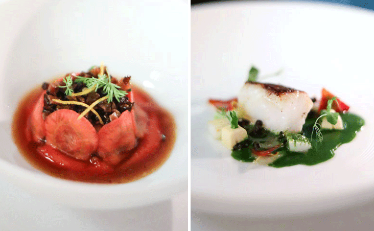 Dutch veal sweetbread glazed in caramelized veal 'jus', finished with pickled Kyoto carrots (left). 'Madara' (Pacific Cod) marinated in 'sake kasu' and served with 'shirako' “custard” (right_