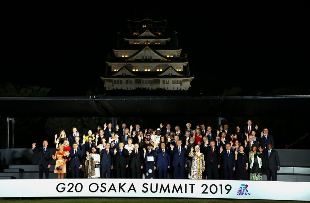 Leaders and their spouses pose for a group photo before a cultural event at the Osaka Geihinkan in Osaka Castle Park during the G20 Summit in Osaka on June 28, 2019. u00e2u20acu201d AFP pic
