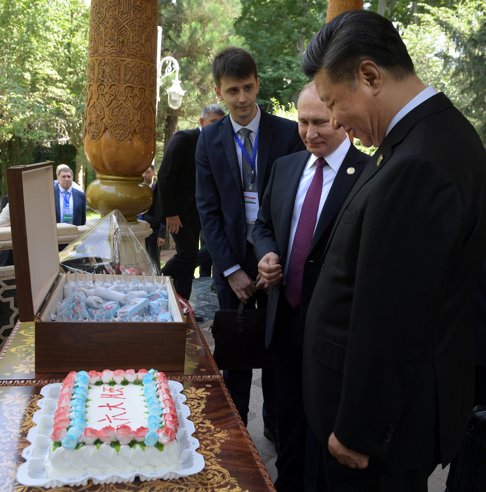 Russian President Vladimir Putin (2nd right) meets with Chinese President Xi Jinping (right) to congratulate him on his birthday before the Conference in Dushanbe, Tajikistan June 15, 2019. u00e2u20acu201d Reuters pic
