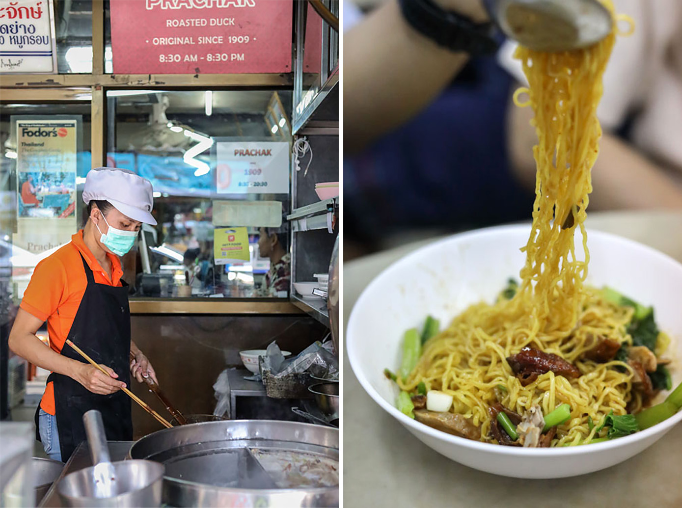 A worker at Prachak cooks each portion of 'ba mee' (egg noodles) to order (left). 'Ba mee pet yang' or egg noodles with roast duck at Prachak.