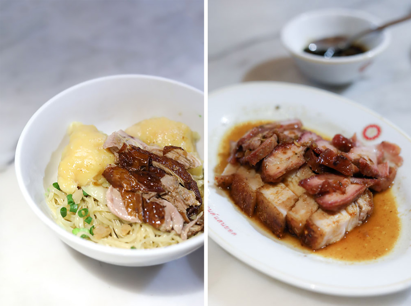 Try the 'ba mee pet yang' topped with plump 'kiao kung' (shrimp wontons) at Sanyod (left). A plate of 'khao moo daeng' (barbecued pork) and 'moo krob' (crispy pork belly).