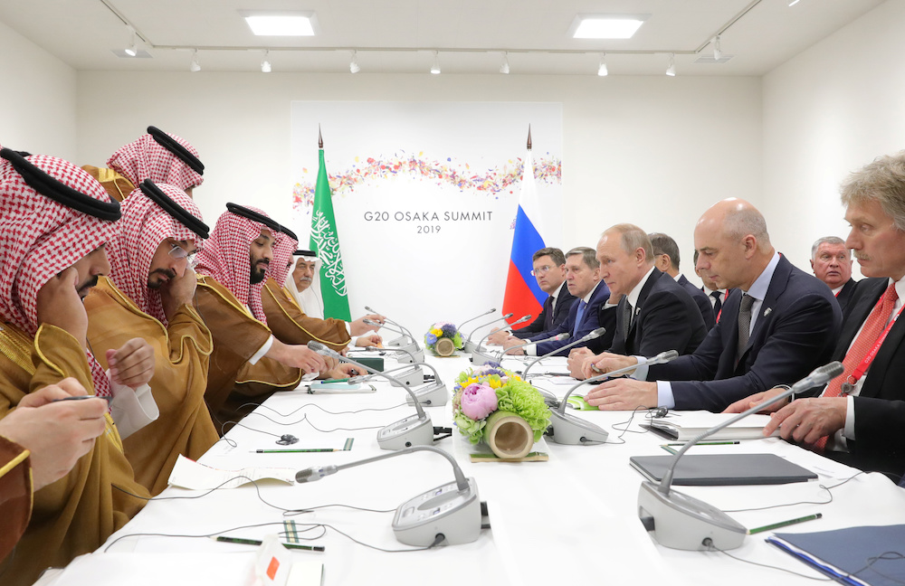 Russiau00e2u20acu2122s President Vladimir Putin and Saudi Arabiau00e2u20acu2122s Crown Prince Mohammed Bin Salman attend a meeting on the side-lines of the G20 summit in Osaka, Japan June 29, 2019. u00e2u20acu2022 Reuters