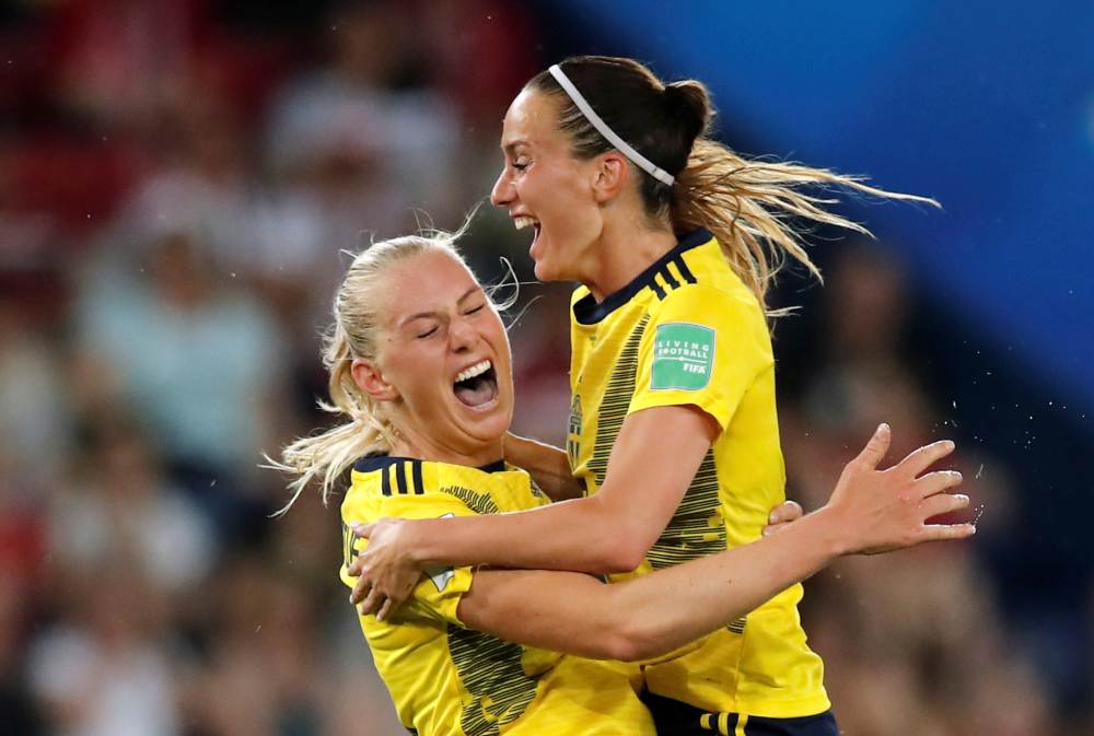 Sweden's Stina Blackstenius celebrates with team mate Kosovare Asllani after scoring the first goal against Canada June 24, 2019. u00e2u20acu2022 Reuters pic