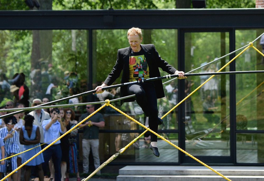 French high wire artist Philippe Petit performing an aerial walk to launch the celebration of the 70th anniversary of Philip Johnsonu00e2u20acu2122s Glass House at their summer party June 9, 2019. u00e2u20acu201d AFP pic