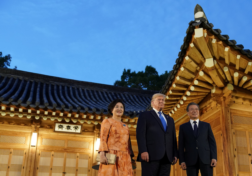 South Koreau00e2u20acu2122s President Moon Jae-in, his spouse Kim Jung-sook and US President Donald Trump pose for a picture before a dinner at the Presidential Blue House in Seoul, South Korea, June 29, 2019. u00e2u20acu2022 Reuters picnnn