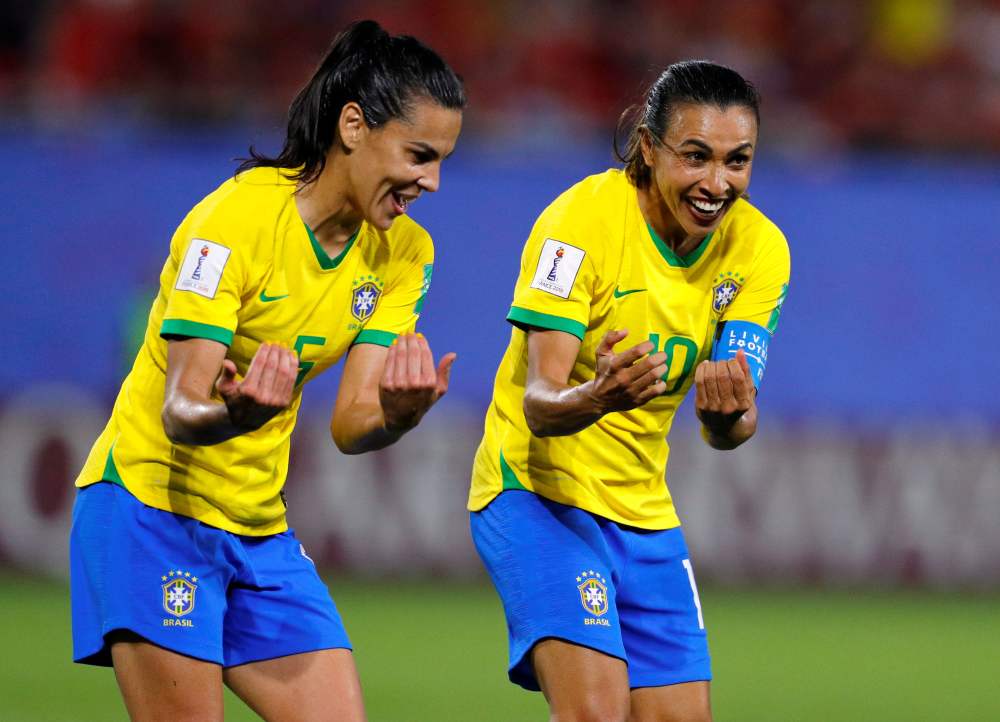 Brazil's Marta (right) celebrates after scoring the first goal against Italy June 18, 2019. u00e2u20acu2022 Reuters pic