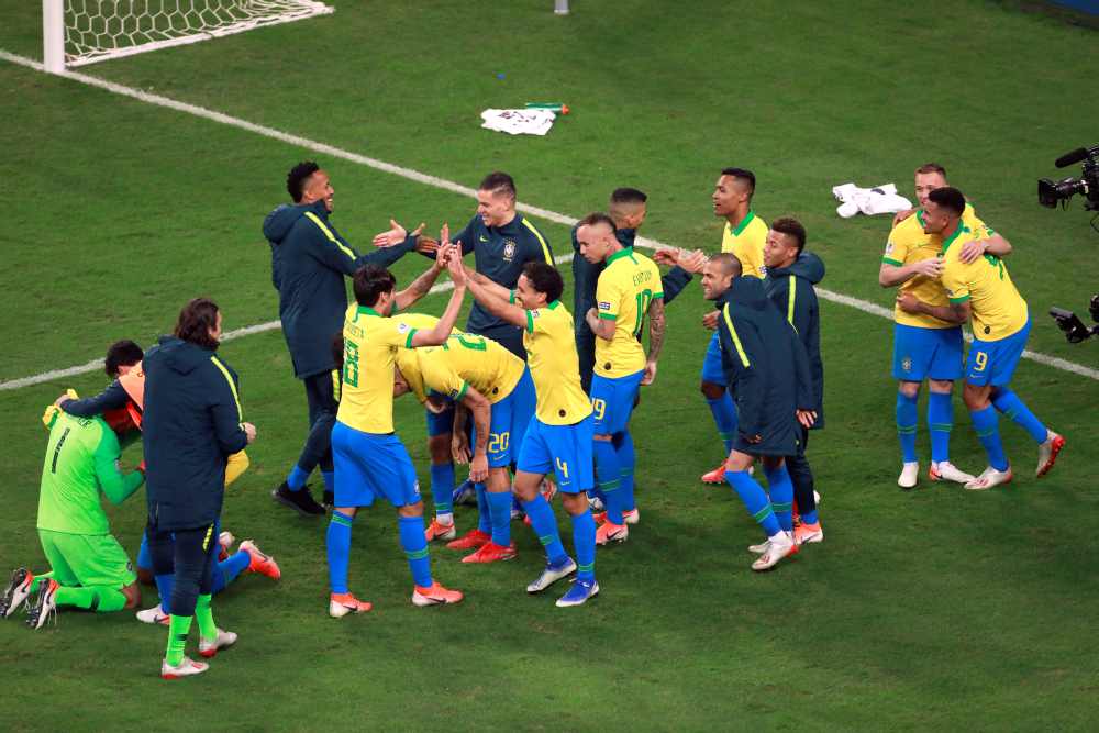 Brazil players celebrate after the match against Paraguay June 27, 2019. u00e2u20acu2022 Reuters pic