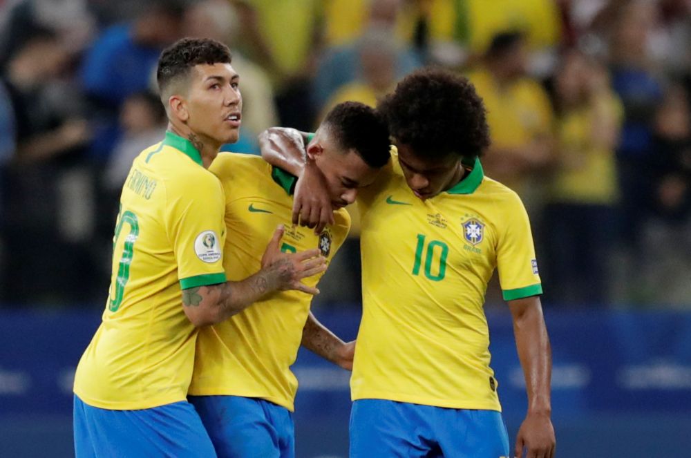 Brazil's Roberto Firmino, Willian and Gabriel Jesus after the match against Peru.  u00e2u20acu201d Reuters pic